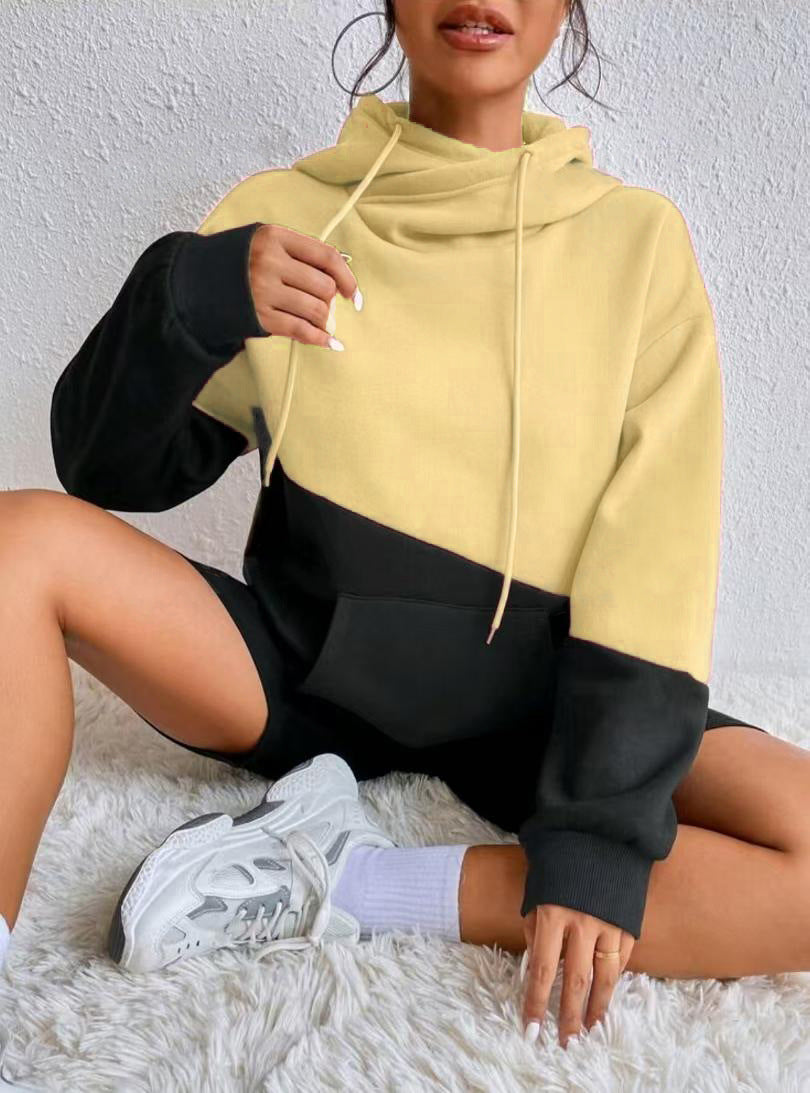 Lady Fall Winter Hoodie Color Block Stitching Pocket Drawstring Casual Street Loose Long Sleeve Hooded Sweatshirt Women's Top