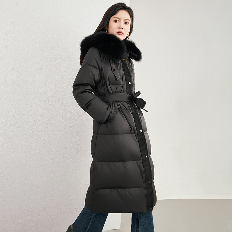 Women's Puffer Coats Winter New Outerwears White Goose Down Large Fur Collar Thick Parker Simple Slim Belt Elegant Down Jackets