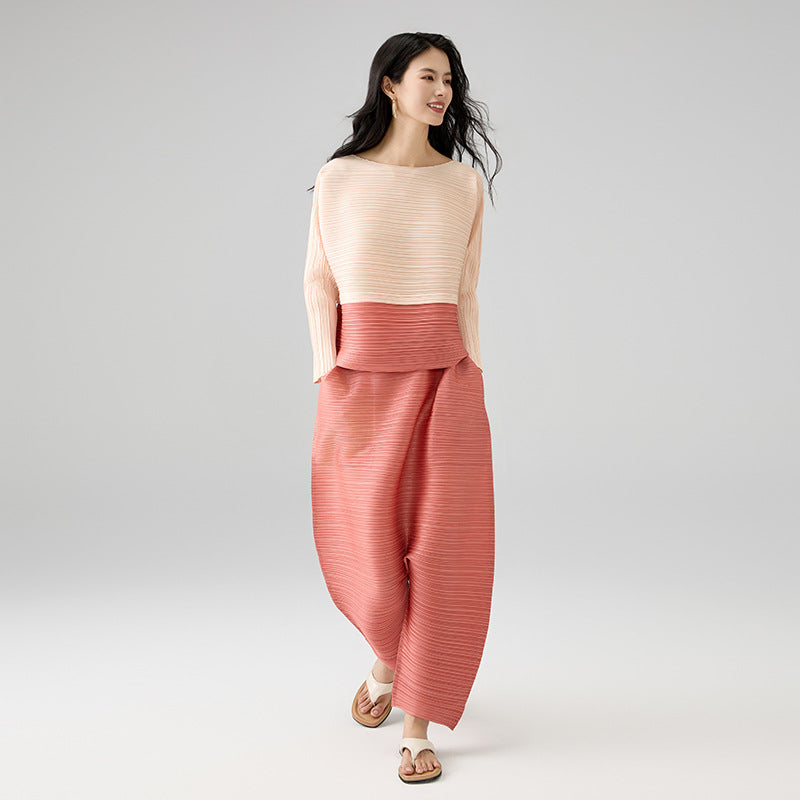 Women Suit Round Neck Long Sleeve Collision Design T-shirt Loose Big Size Harem Trousers