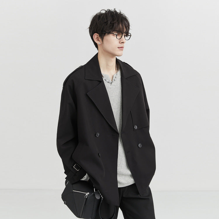 Spring Autumn New Men's Suit Collar Windbreaker Short Korean ElegantLoose Solid Casual Double-breasted Trench Coat for Men