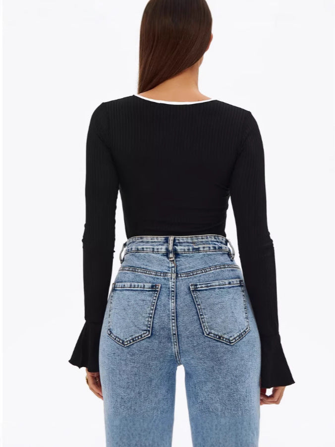 New Autumn Square Collar Solid Color Splicing Slim Fit Flared Cuffs Sexy Spicy Girl Ribbed Jumpsuit