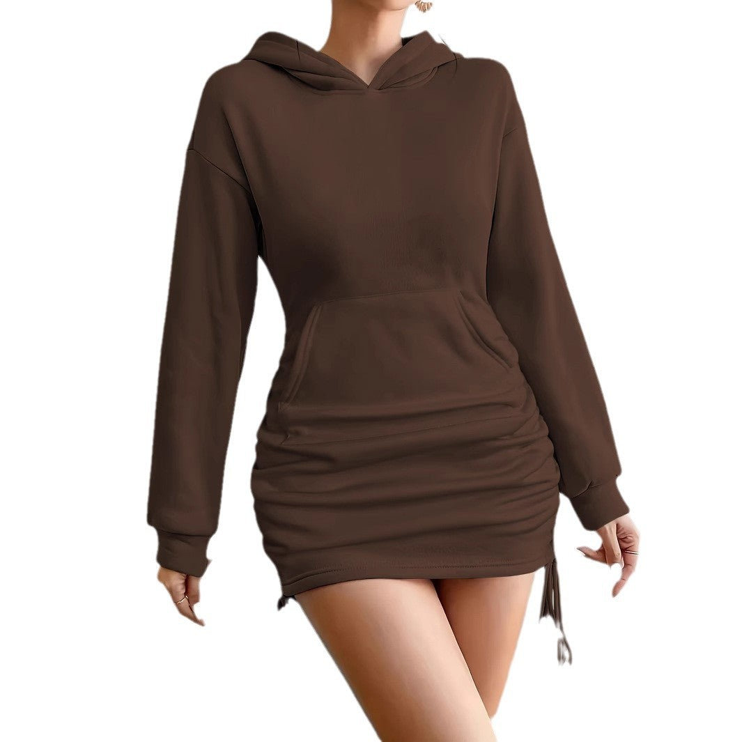 Women's Fashionable Hooded Long Sleeved Dress With Plush Thick Drawstring 2024 Slim Fit Pullover Women's Casual New Style