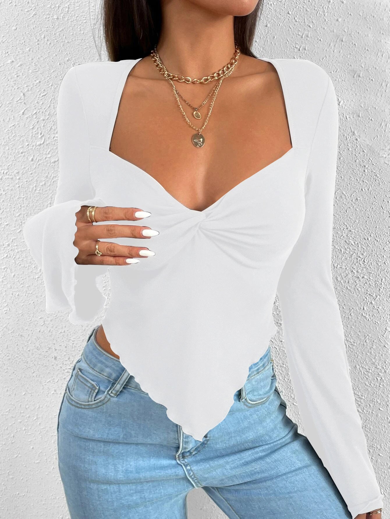 Charming Slim-Fitting Top with Micro Bell Sleeves for Ladies