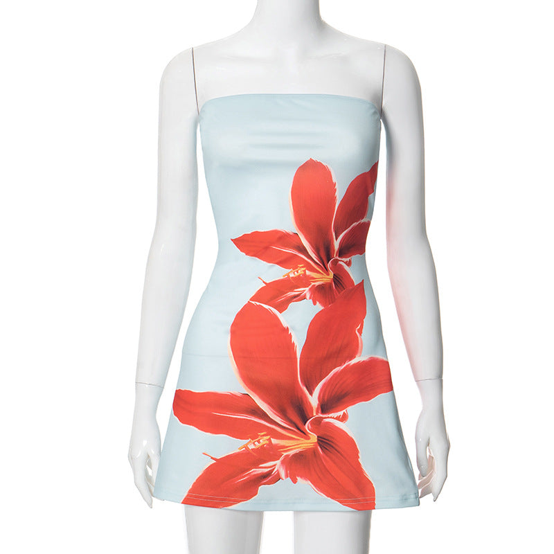 Sexy Strapless Printed Floral Women Dress Blue Backless High Waist Mini Dress Summer Vacation Elegant Party Beachw
