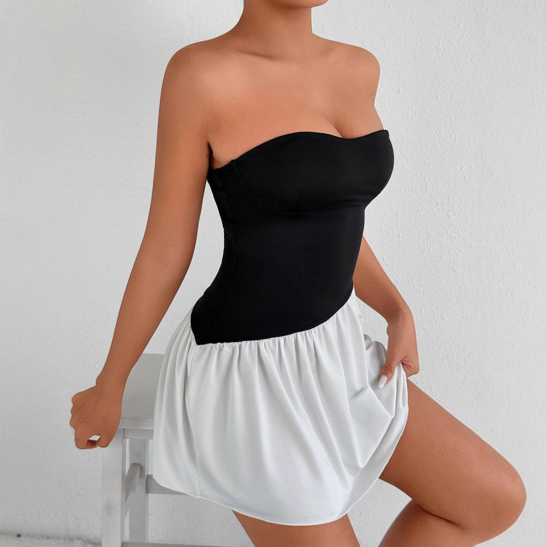 Sexy Shoulderless Black And White Color Blocked Slim Fit Dress Nightclub Street Style Fashion Backless Pleated Short Skir Summer