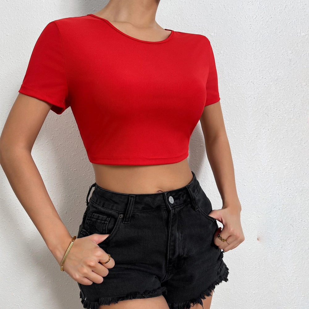 Summer Short Sleeve Casual T Shirts Womens O Neck Crop Tops Ribbed Slim Fitted Basic Tshirt Woman Trendy Tee Shirts