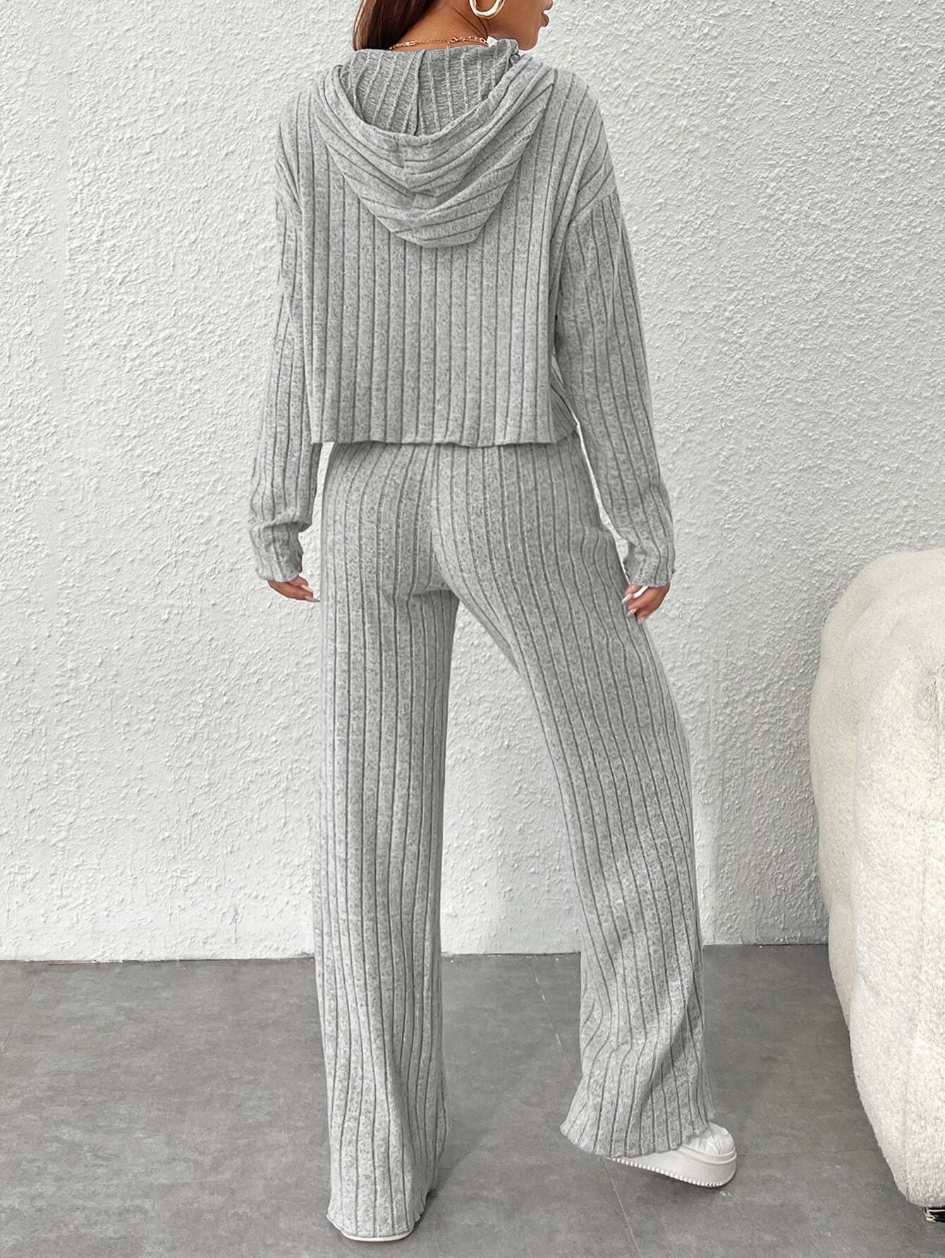 Spring Autumn Women's New Solid Color Casual Knitted Striped Hooded Sweatshirt Loose Long Sleeved Long Pants Two-piece Set