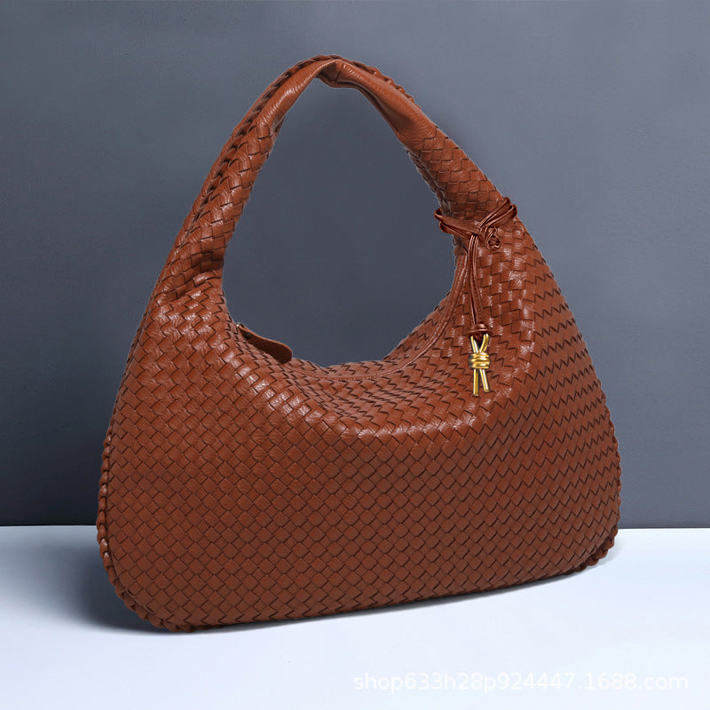 New Vegan Leather Hobo Bag Handmade Woven Casual Female Half Moon Handbag Big Capacity Patchwork Zipper Women Tote Shoulder Bags