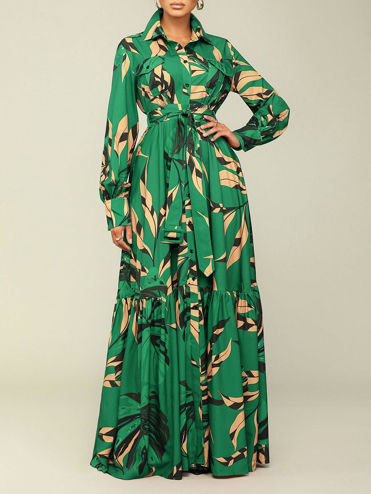 Red Green Polyester African Dresses for Women Spring Long Sleeve V-neck Print Long Maxi Dress Dashiki African Clothing