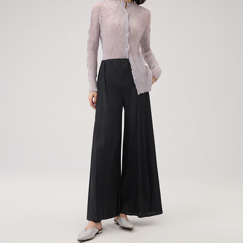 Casual Women's Simple Trousers Fashion Design Pleated Flared Pants Pure Colour Elastic Waist Loose Peplum