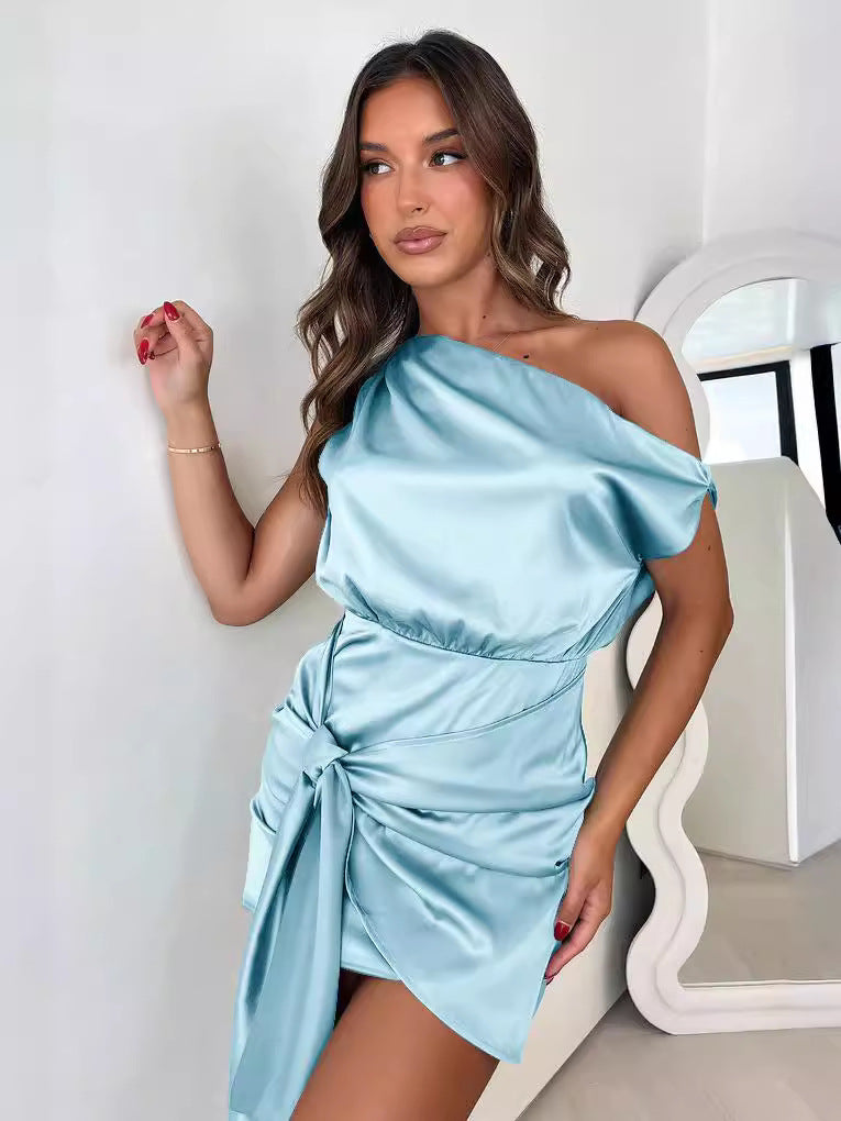 Folded Ribbon Off Shoulder Sexy Dress Women Elegant Party Dress Bandage Backless Bodycon Mini Summer Dress Vestidos