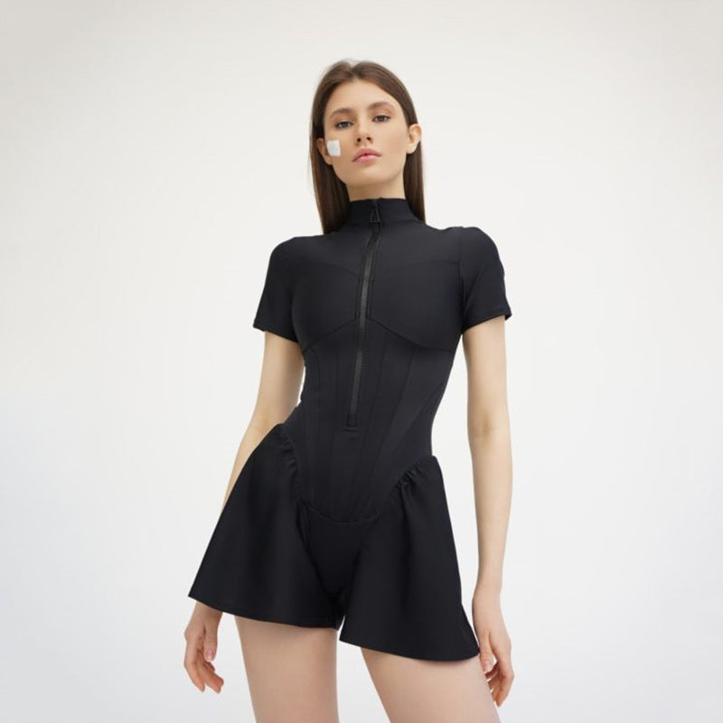 Sexy Tight Skirt jumpsuit Spring/Summer New Women's Round Neck Short Sleeve Zipper Bottom Shirt