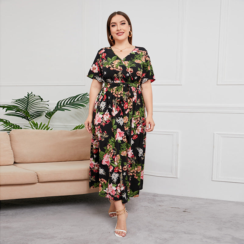 Fashion Style Plus Size Dress Women's V-Neck Loose-Fit Large Swoop Feather Printing Dress
