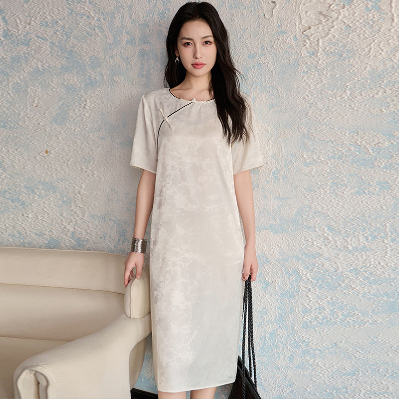 Chinese Style Short Sleeve Acetate Embroidery Dress