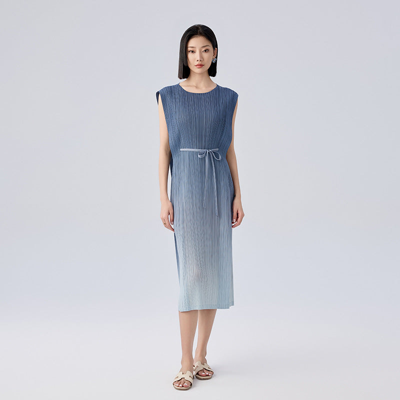 Summer New Gradient Color Simple Wind Slim and Thin Lace-up Medium-length Dress Female