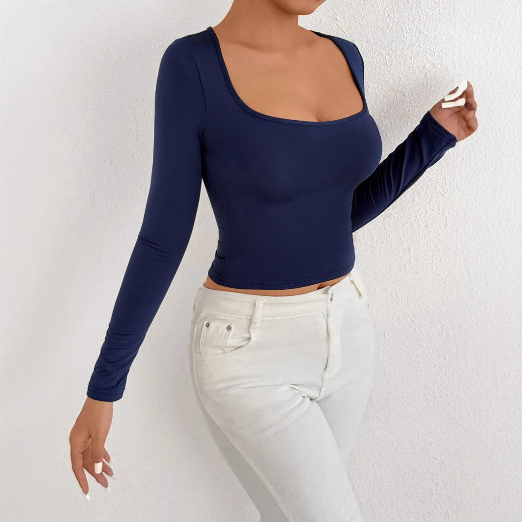 Women's Long Sleeved U-neck T-Shirt Top Solid Color Street Spicy Girl Casual Autumn Tight Fitting Women's T-Shirt