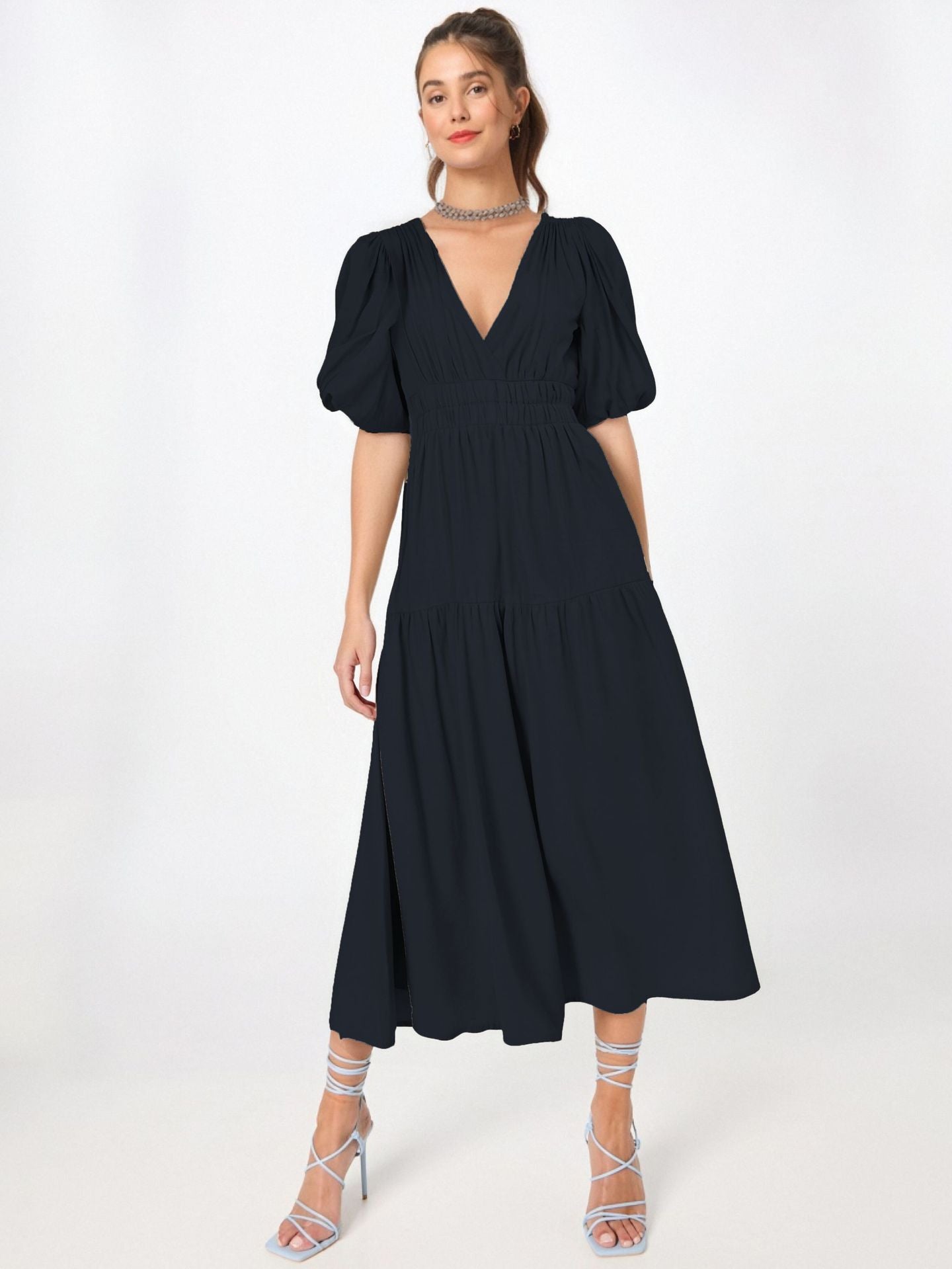 Sexy V Neck Dresses For Women'S Summer Casual Short Sleeve Solid Swing Dress Flowy Tiered Maxi Beach Sundress For Mature Women