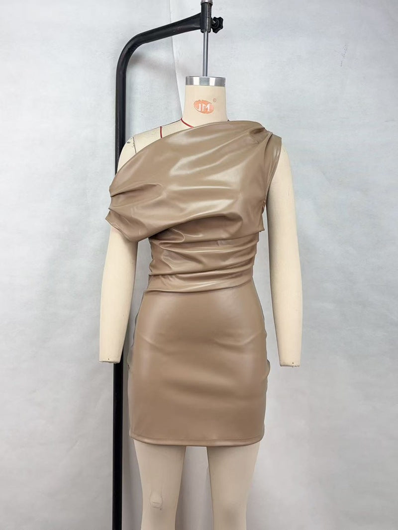 Off Shoulder PU Leather Dress Women Sexy Solid Tight Pleated Short Dress Party Club Sleeveless Leather Dress Vestidos