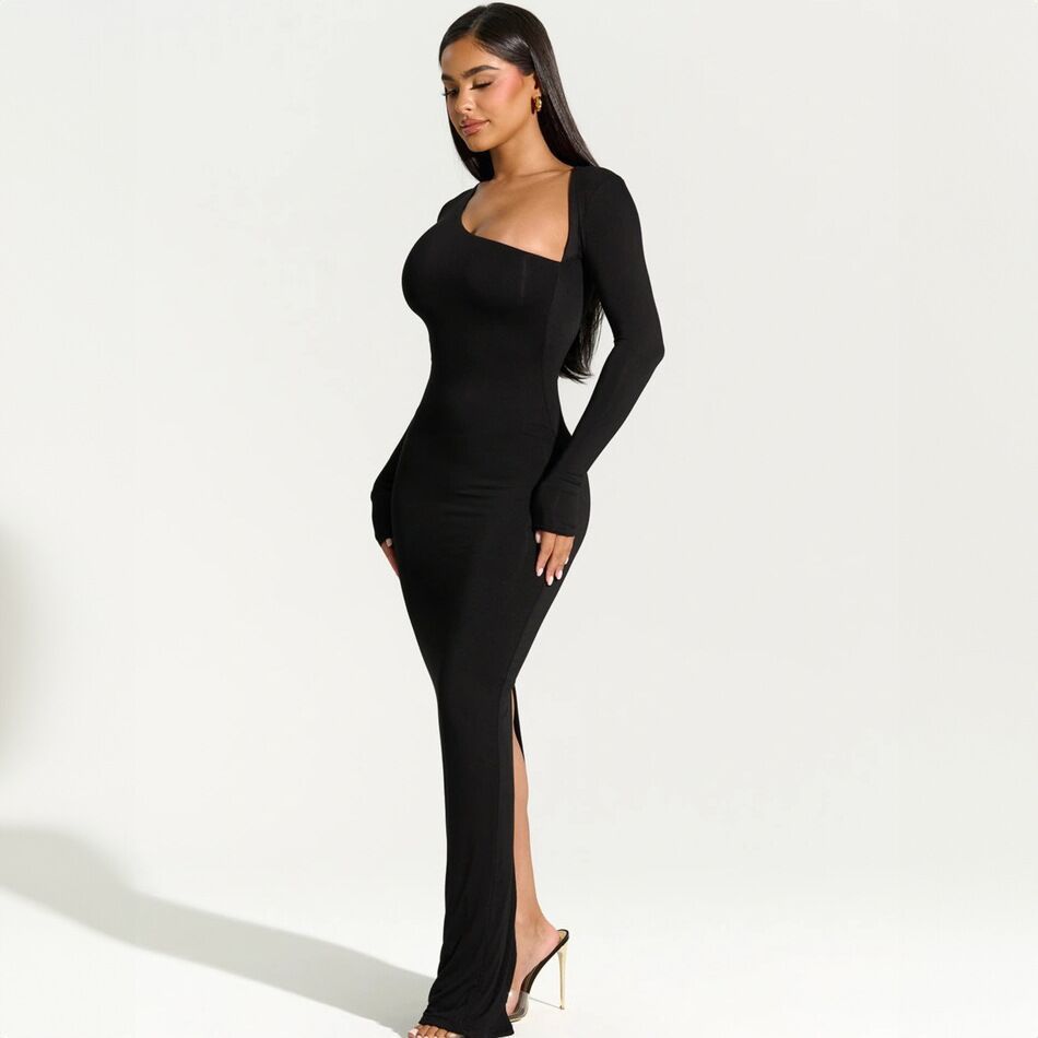 Sexy Bodycon Long Dress Women Autumn Winter Long Sleeve Solid Color Slim Black Dress Female Fashion Elegant Party Dresses Woman