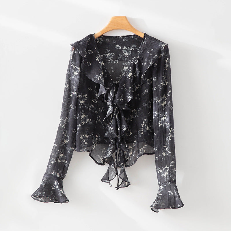 New Heavy Duty Embroidery Lace Sequins Loose Fit Versatile Sweet Top Shirt Women's Button-Up Blouse