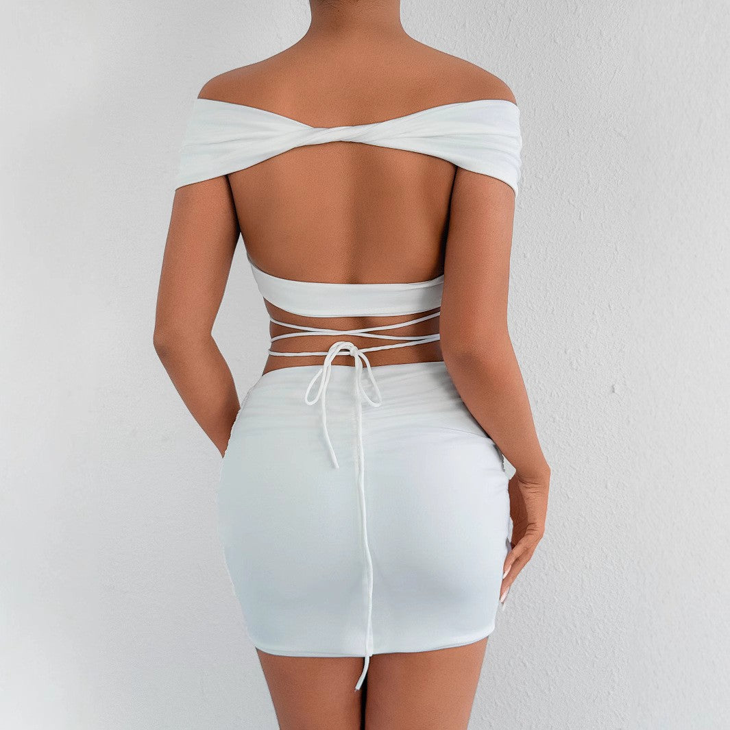 Sexy Shoulderless Hollow Out Short Skirt Two-piece Set Nightclub Party Fashionable White Strap Vest Wrinkled Hiphugging Skirt