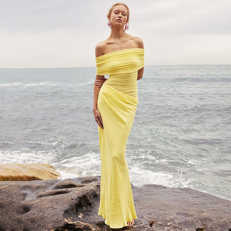 Elegant One Shoulder Hollow Long Dress Women's Sexy See-through Strapless Party Dress Solid Sleeveless Long Dress Robe