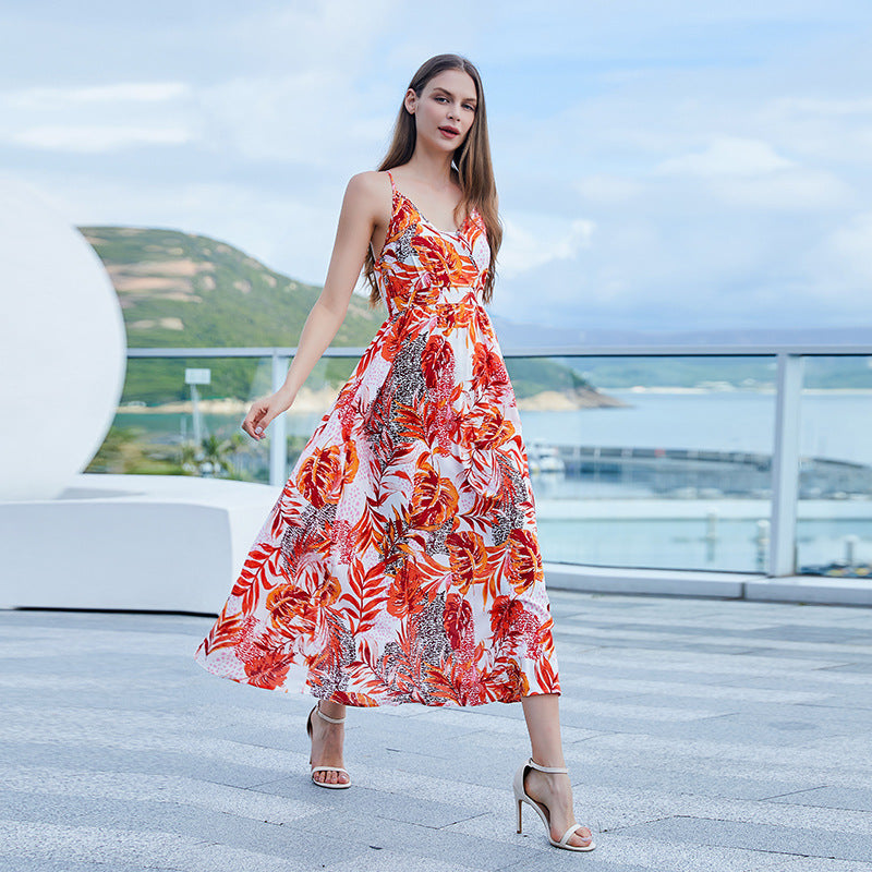 Women's All Season Suitable Halter Backless Dress Women's Superior Design Random Printed V-Neck Split Long Dresses