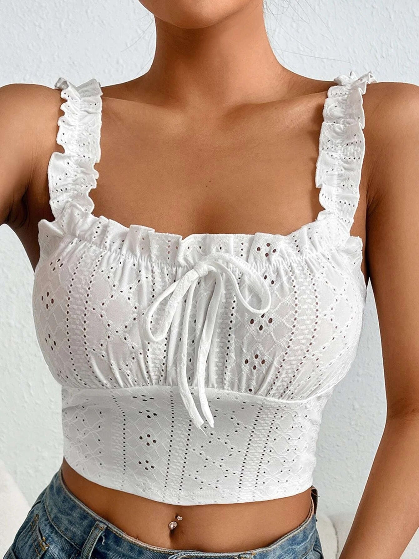 Top Women Summer Fashion Eyelet Embroidery Frill Hem Casual Square Neck Sleeveless Plain Skinny Daily Tied Detail Tank Top