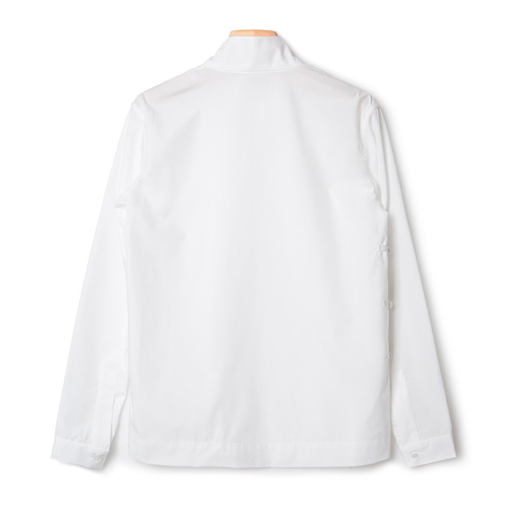 Autumn Winter Modern Chinese Style Stand Collar Button Pure Cotton White Shirt Casual Long Sleeve Korean Style Slim Fit