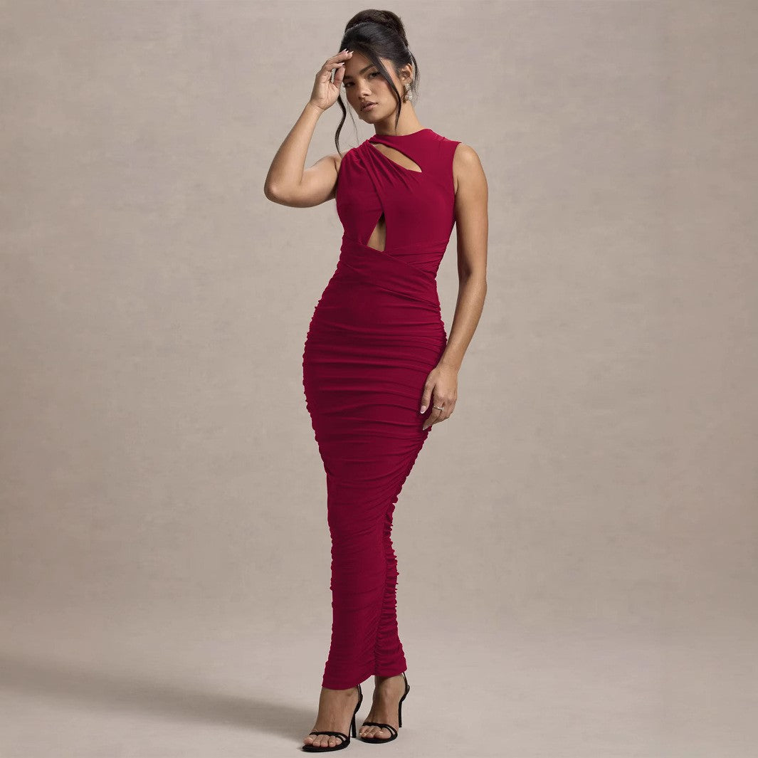 Fashionable Elegant Sexy Off Shoulder Hollow Out Sleeveless Tight Fitting Women's Long Dress Club Waist Cinching Evening Dress