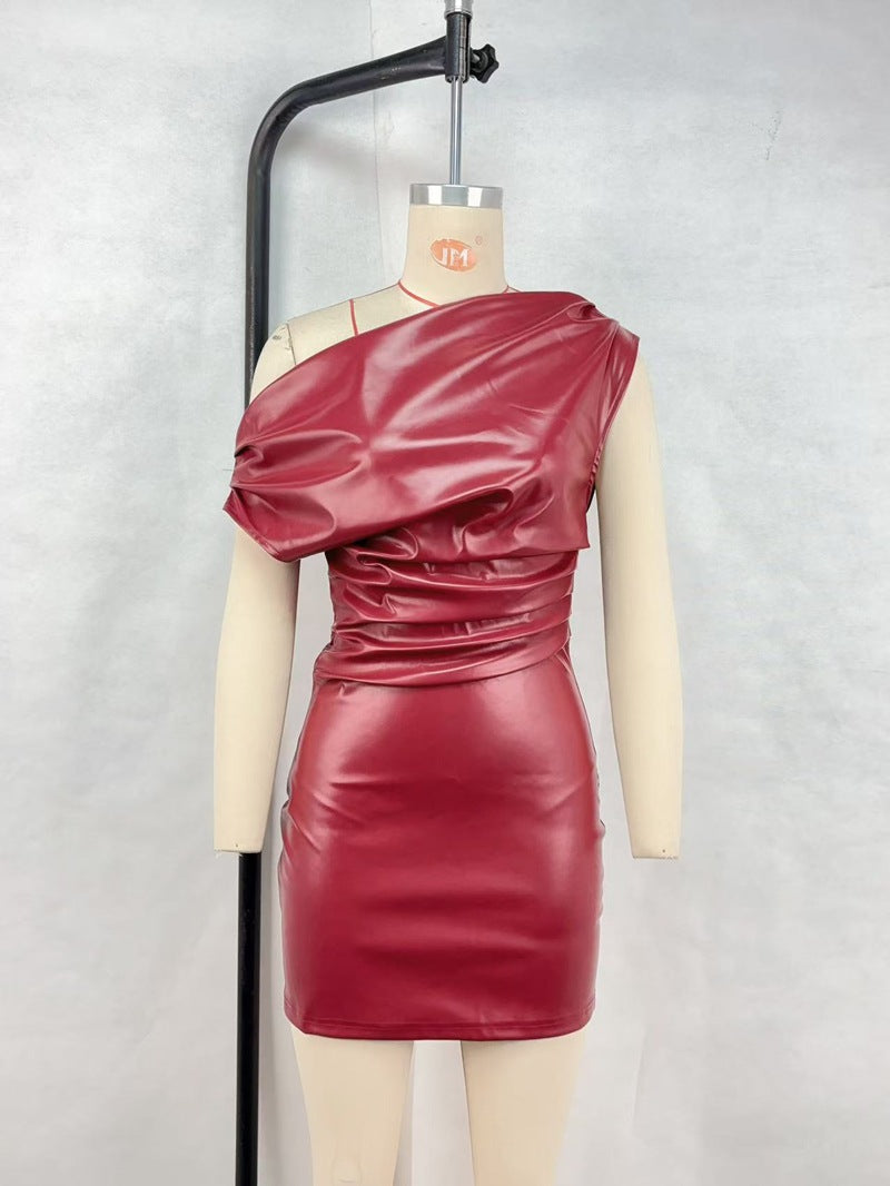 Off Shoulder PU Leather Dress Women Sexy Solid Tight Pleated Short Dress Party Club Sleeveless Leather Dress Vestidos