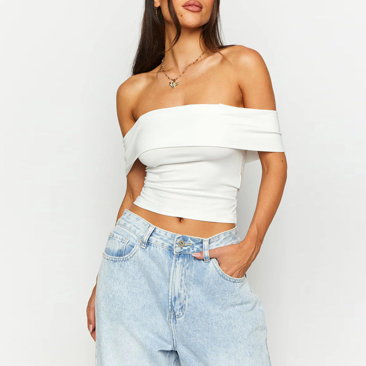 Womens Sexy Strapless Off Shoulder Crop Tube Top Solid Color Stretchy Bandeau
