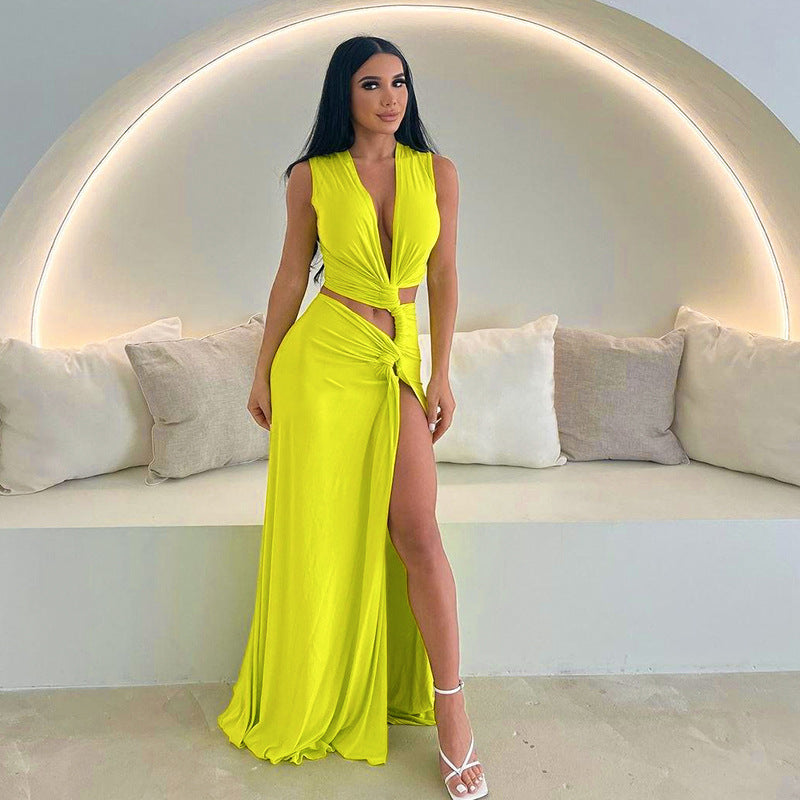 Sexy Hollow Out Twist Knot High Slit Maxi Dress Chic Ladies Deep V Sleeveless Solid Long Dresses Fashion Female Vacatio
