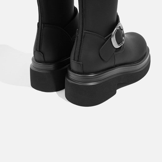 Winter Platform Slip On Women Knee High Boots Fashion Thick Heels Knight Long Booties Belt Buckle Ladies Shoes