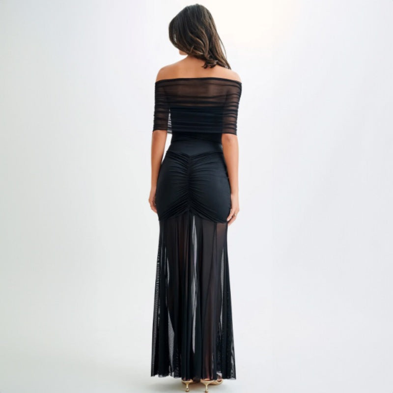 Strapless Mesh Splice Backless Dress For Women Sleeveless Bodycon Ruched Dress Solid Fashion High Waist Removable Clothes