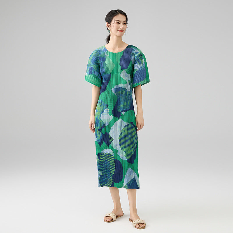 Spring New Geometric Print Five-quarter Sleeve Round Neck Loose Fashion Temperament Dress