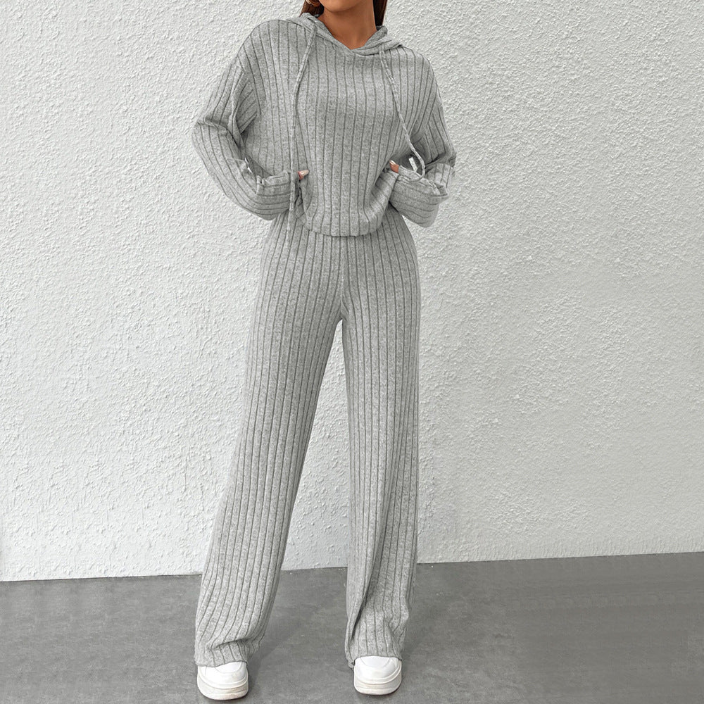 Spring Autumn Women's New Solid Color Casual Knitted Striped Hooded Sweatshirt Loose Long Sleeved Long Pants Two-piece Set