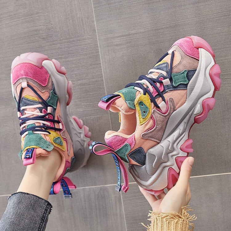 6CM Fashion Mixed Color Lace Up Shallow Ethnic Platform Wedge Vulcanize Women Suede Genuine Leather Luxury Shoes Chunky Sneakers