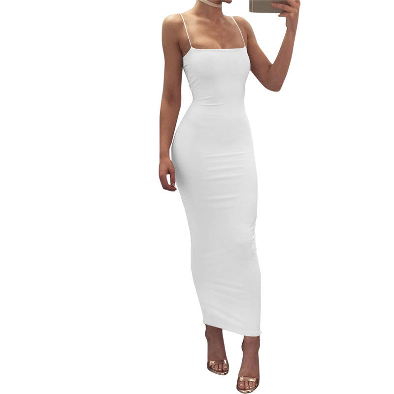 Autumn Winter Women Solid White Black Strap Midi Dress Bodycon Sexy Streetwear Party Club Elegant Fashion Clothes