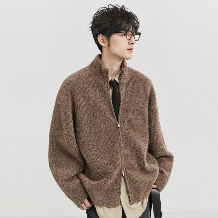 Men's Cardigan Stand Collar Solid Color Casual Tops Knitting Zipper Loose Male Sweaters Autumn Menswear