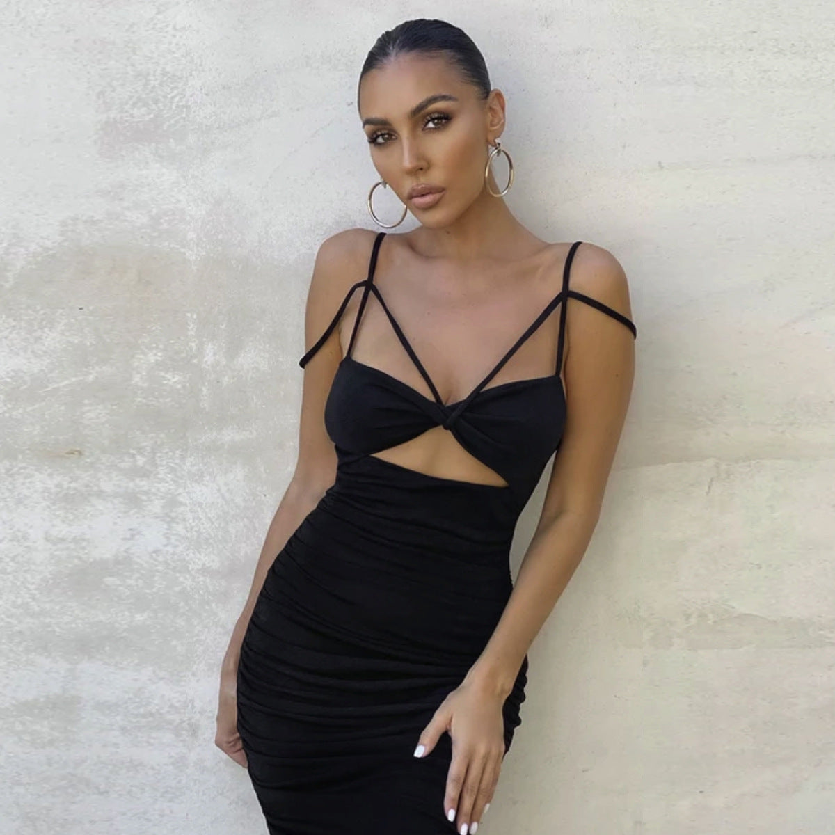 Cross-Border Sexy Hollow V-Neck Bodycon Dress From Europe And America With Ruched Waistline Casual Comfortable Vestido De