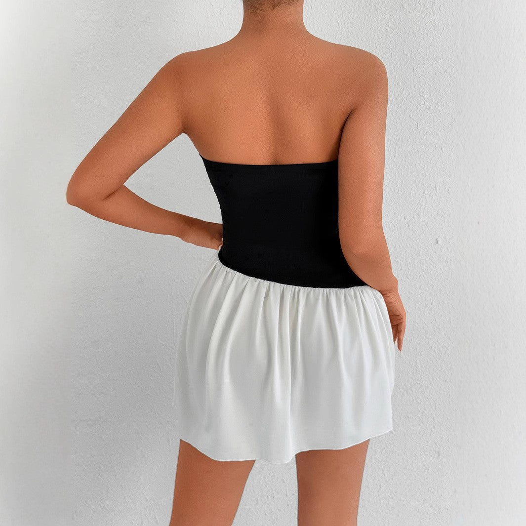 Sexy Shoulderless Black And White Color Blocked Slim Fit Dress Nightclub Street Style Fashion Backless Pleated Short Skir Summer