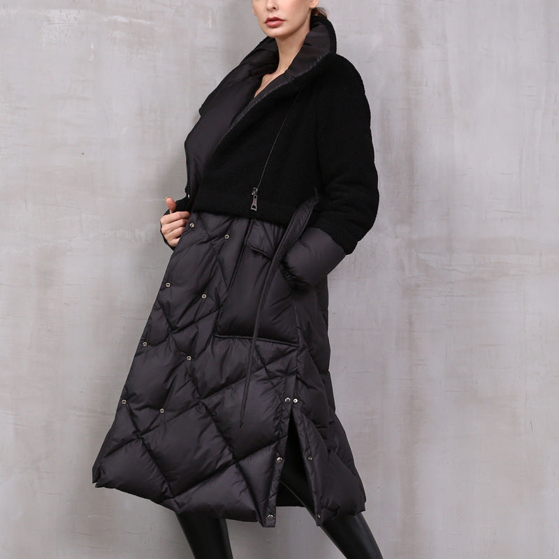 Winter Eva Freedom Oversized Warm Fluffy Down Coat Female Over The Knee Longer Catwalk Sheep Fur Stitching Duck Down Jacket