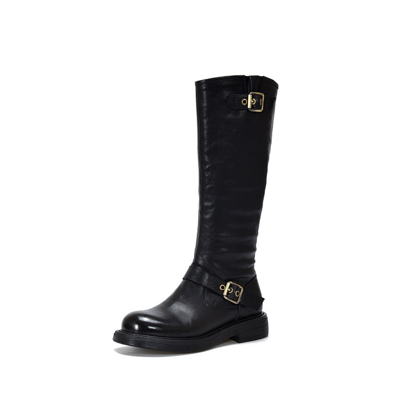 Cow Leather Chunky Med Heels Retro Riding Boots Brand Winter Warm Zipper Concise Office Lady Casual Knee High Boots