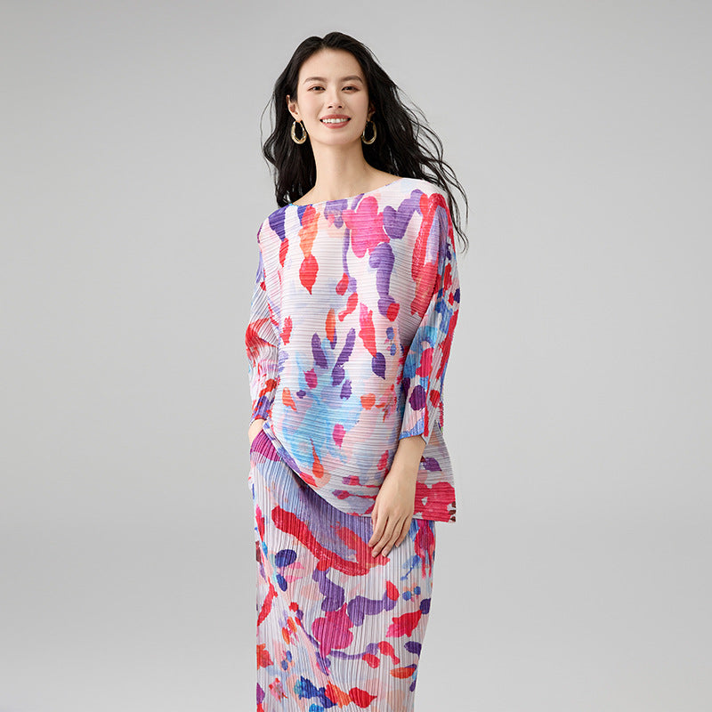 Fashion Pleated Two Piece Sets Women Printed Contrasting Design Loose Top Elastic Waist Skirt
