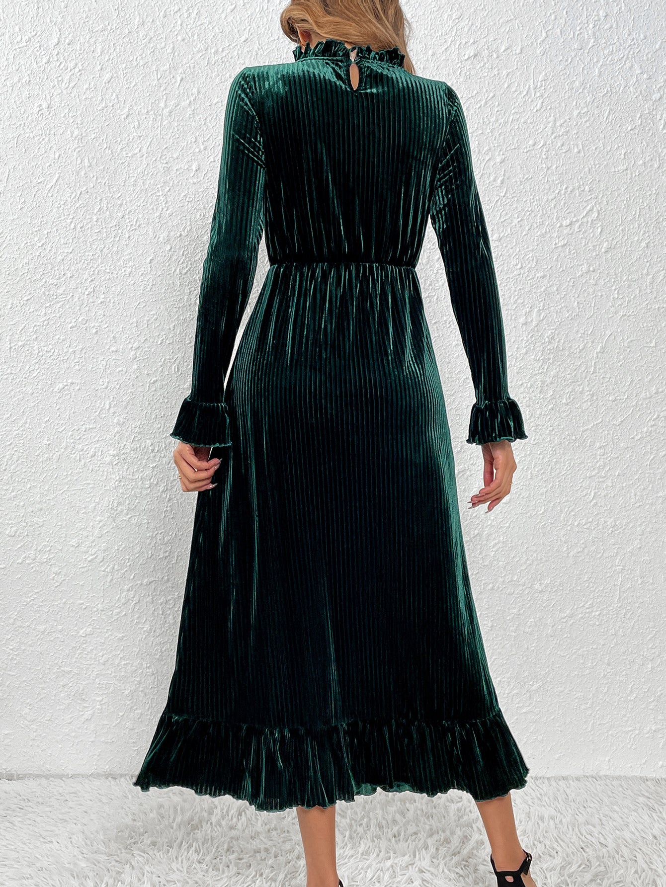 Women's Spring New Half-Polo/Turtle Neck High-Waisted Slimming Dress Bundled Sleeve Long Gown European and American Style