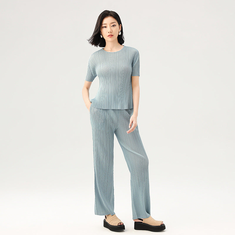 Women's Minimalist Pleated Pants Elastic Waist Solid Color Casual Straight Leg Trousers