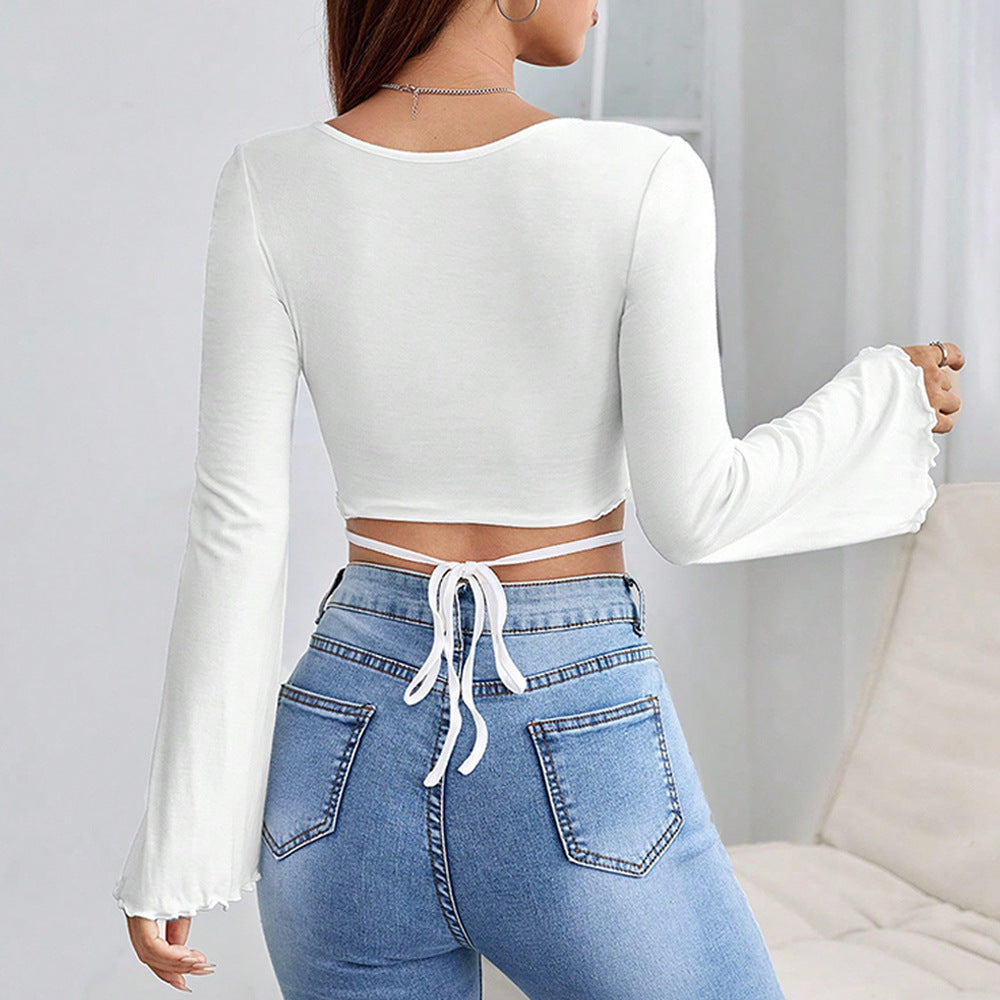 Elegant Slim Fit Long Sleeve Short Top with Bow Tie at Waist And Bell Cuff for Date Square Collar Bodycon T-Shirt for Women