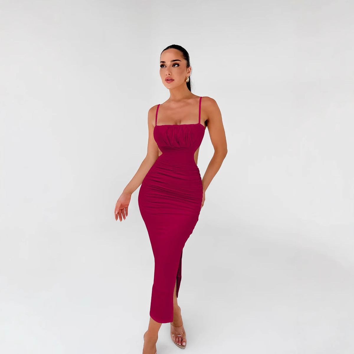 Women's Clothing Suspender Dress, European And American Sexy Backless Pleated Hip-wrapped Side Split Dress