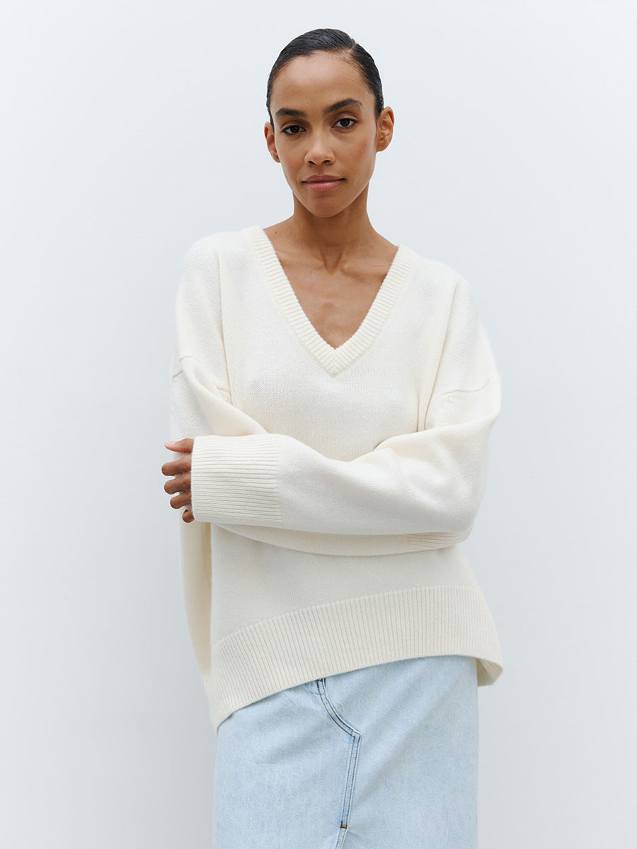 Oversized V-neck Sweater Women's Warm Casual Knitted Pullover Sweat